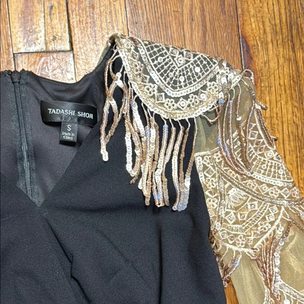 TADASHI SHOJI Women's Alvin Sequin Fringe Statement Sleeves Ruched Black Dress S